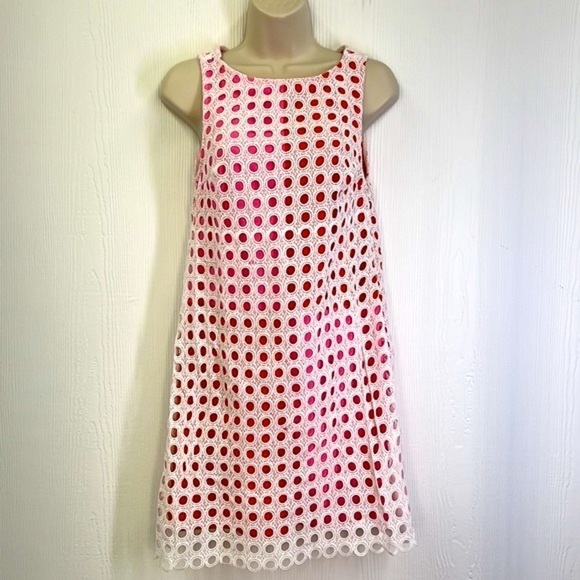 ModCloth - Fluent In Finesse Red & Pink White Eyelet Overlay Shift Dress Size XS - Picture 2 of 12